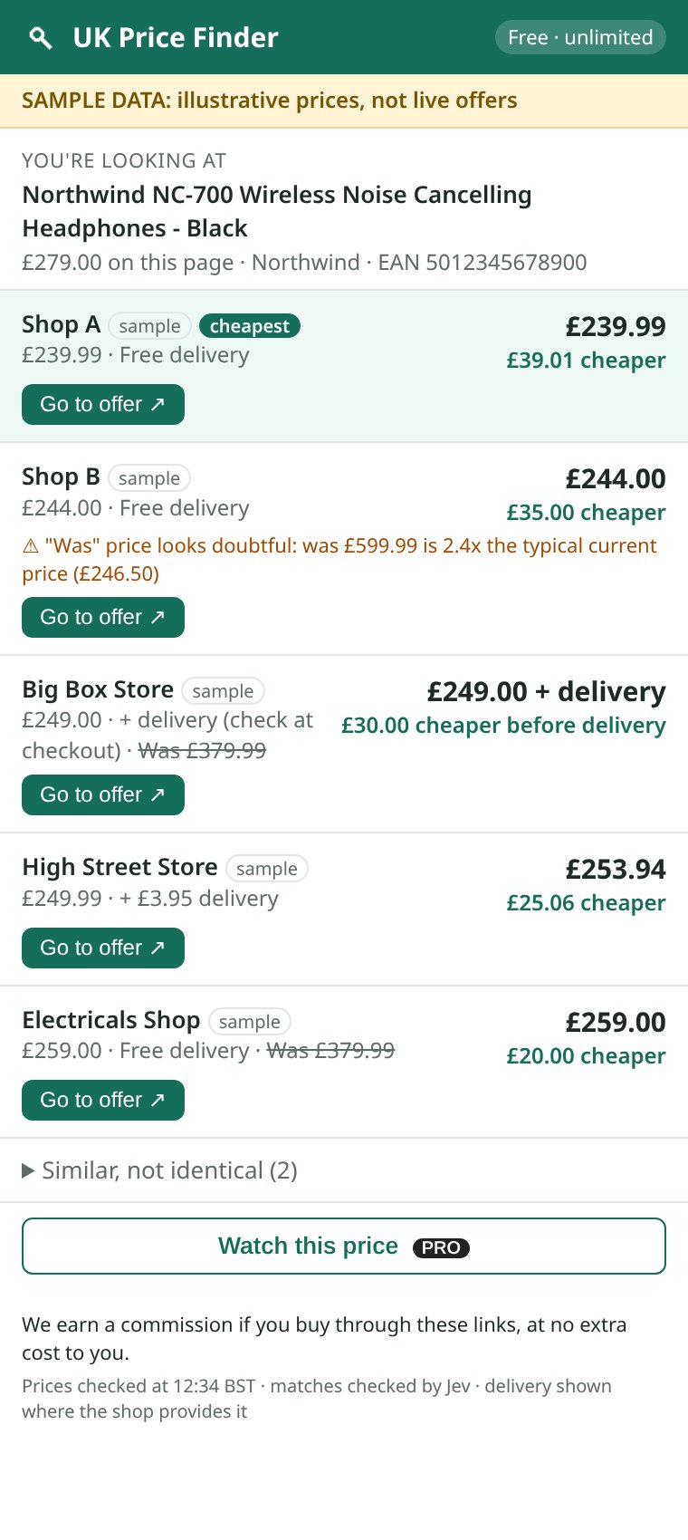 The extension's pop-up window listing five offers for a pair of headphones, sorted by total price, with one doubtful was price flagged.